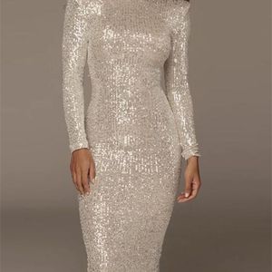 Sequined High Collar Midi Dress Elegant Långärmad Bodycon Tight Stretch Knee Length Party Dresses 211206