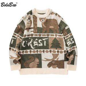 Boorubao Рождественские джемпер Корейский свитер Мужчины вязаный медведь рисунок блокировки негабаритные пары повседневные пуловеры свитера мужчина 211006