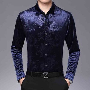 Mens Luxury Velvet Floral Dress Shirts Slim Fit Long Sleeve Velour Shirt Men Casual Button Down Shirt Male Top Quality Chemise 210522
