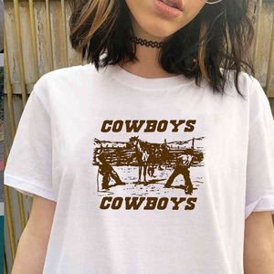 Letnia Moda Vintage 90. Styl Retro Cowboys Wzór Printing Cool Grunge Śmieszne Krótki Rękaw Graficzny Tee Tshirt Dla Kobiet 210518