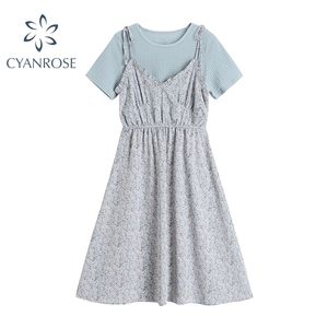 Gefälschte 2 Stück Damen Kleid Outfits Sommer Kurzarm Hohe Taille Schlank Retro Blumendruck Chic Kleider Elegante Vestidos 210515