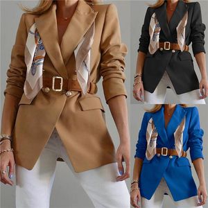 Women s Jackets Female Suit Jacket Solid Color Tailored Collar Long Sleeve Greatcoat With Waistband For Women Khaki Black Blue