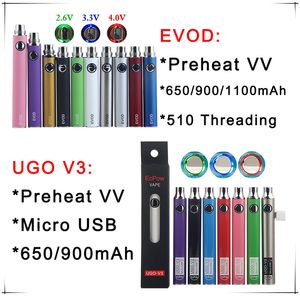 السيجارة الإلكترونية 510 خيط VV EVOD UGO V3 قلم VAPE بطارية التسخين المسبق 1100 جهد متغير قابل للتعديل مع شواحن USB لخرطوشة مبخر زيت الشمع