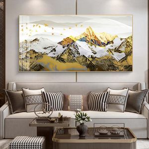 Nordic Golden Mountain Bird Landscape Abstrakt Canvas Målningar Skriv ut Affisch Oljemålning för vardagsrum modernt hem