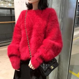 سترات سترات للسيدات للسيدات الأنيقة البسيطة الصلبة Red Mink Cashmere Batwing Sleeve Pullovers كبيرة الحجم الفضفاضة القماش غير الرسمي