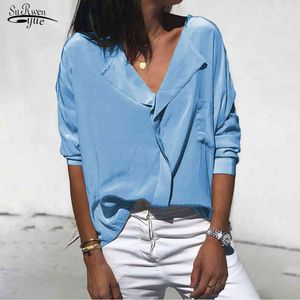 Women's Loose Casual Long Sleeve Shirt Satin Blouses Tops Plus Size Elegent Work Wear V-Collar Chiffon Blouse 12418 210521