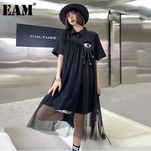 [eam] 여성 블랙 큰 크기 캐주얼 스플케이션 메쉬 드레스 옷깃 반팔 느슨한 맞는 패션 봄 여름 1DD8575 21512