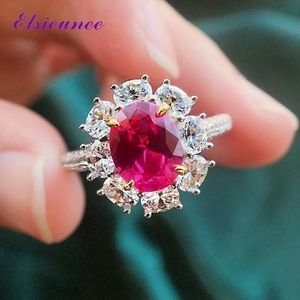 Cluster Rings ELSIEUNEE Vintage 100% 925 Sterling Silver Oval Cut Ruby Created Moissanite Diamond Engagement Ring Fashion Girls Fine Jewelry