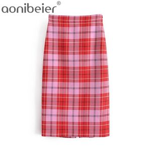 Kvinnor Röd Plaid Pläterad Midi Skirt Faldas Mujer Vintage Side Zipper Office Ladies Elegant Chic Mid Calf Skirts 210604