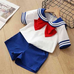 Vestuário dos meninos do verão ajusta o t-shirt bonito + shorts doces + laço 3 pcs uniformes da escola princesa Kids crianças roupas 210625