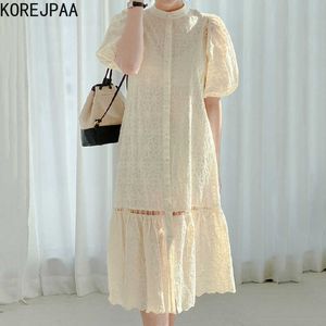 Korejpaa Women Dress Korea Chic Elegant Stand Collar Single-breasted Lace Embroidery Hollow Lantern Sleeve Long Vestido 210526