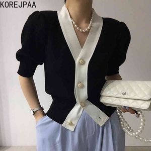 Kobiety Sweter Lato Koreańska Chic Dziewczyna Elegancki Temperament V-Neck Single-Bierted Casual Puff Sleeve Knit Cardigans 210514