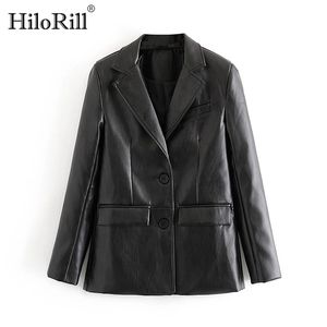 Kvinnor streetwear black pu faux läder blazer coat notched collar single breasted jacka långärmad ytterkläder toppar 210508