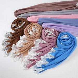 Lusso 2022 Design Bolla Chiffon Con Pizzo Donna Sciarpa Hijab Moda Foulard Signora Musulmana Scialle Solido Sciarpe Bandana 70 * 175 cm
