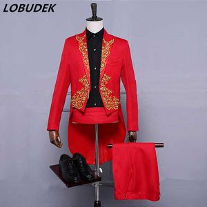 (jacket+pants) Male suit men singer costume embroidery tuxedo tailcoat Swallowtail blazer Magician host prom show stage wear X0909
