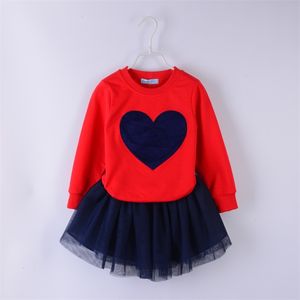 Girls Clothes Set Autumn Love Sewing Long Sleeve + Mesh Skirts Casual 2PCS Suits Children's Clothing 210528