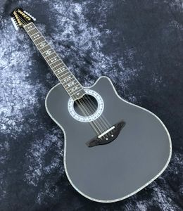 Handgjord ovation 12 strängar ihålig kropp svart elektrisk gitarr kolfiber kropp, ebony fretboard, abalone bindning, f-5t preamp pickup eq, vinage vita tuners