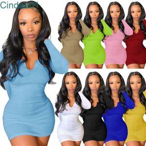 Women Long Sleeve Skirt Dress Deisgner Slim Sexy Summer Mini Skirts Pit Strip Deep V-neck Hip Dresses 9 Colours