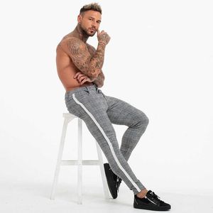 Męskie Streetwear Chinos Plaid Casual Spodnie Fitness Mężczyźni Skinowe Dno Jogger Spodnie Spleciane Spodnie Moda Spodnie Paski Spodnie Y0811