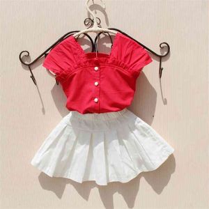 Meninas Blusas Verão Crianças Roupas Teenage School Tops Algodão Sólido Vermelho Camisa Roupas para 12 Anos Cute Kid Blouse 210622