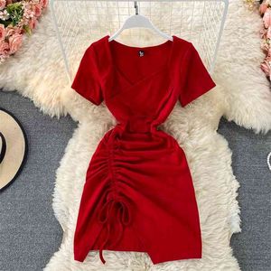 Sommar V-Neck Drawstring Ruched Mini Dress Women Fashion Short-Sleeved Slim High Waist Oregular Party Vestidos 210603