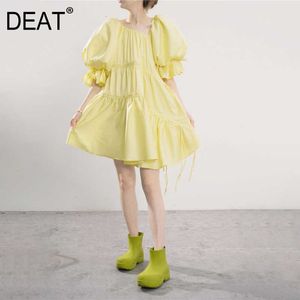 [DEAT] Women Summer Fashion Asymmetric Collar High Waist Flare Sleeve Short Yellow Elegant Dress 13Q391 210527