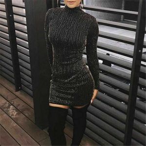Casual Dresses Womens Sexy Long Sleeve Bodycon Mini Dress Ladies High Neck Evening Party Slim Fit Club Wear Sequins Bling Vestidos