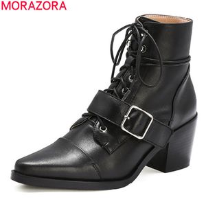 Morazora أحذية جلد طبيعي الأزياء الدانتيل يصل الكعب سميك الخريف الشتاء الكاحل أسود أبيض اللون النساء الأحذية 210506