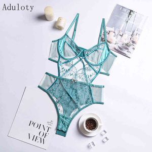 NXY sexy set Aduloty 2021 Floral Lace Embroidered Underwire Bodysuit Push Up Sexy Lingerie Women's Mesh Transparent Underwear 1127