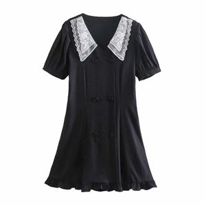 Kvinnor Klänning Spets Collared Dubbelbröst Kortärmad MINI DRESS Chic Lady Elegant Vintage Casual Kvinna Klänningar 210709