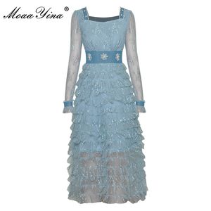 ファッションデザイナーのドレス春の女性のドレススクエアカラーメッシュ長袖ビーズカスケードのフリルセクシーパーティードレス210524