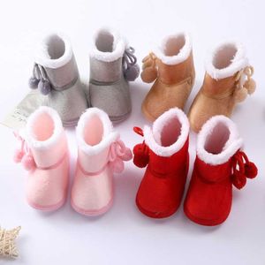 Toddler Baby Solid Color Plus Velvet Cotton Shoes Newborn Double Pompom Soft Sole Snow Boots Infant First Walker for Girls Boys G1023