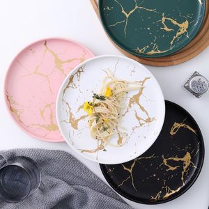 Diskplattor Nordic Marble Golden Inlay Ceramic Round Dinner Serving Platter Dekorativ dessert kaka Snack Dish Tray