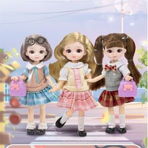 New 19CM Bjd Doll 13 Movable Joints Brown 3D Big Eyes Fashion School Uniform and Wedding Dress Best Birthday Gift for Kids 220315