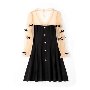 Black V шеи с длинным рукавом пэчворк осенью мини-платье линия элегантная сетка лук d2090 210514
