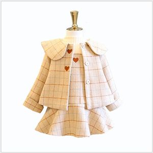 Moda-meninas roupas conjuntos de crianças princesa casaco de lã + vestido 2 pcs conjunto crianças terno roupa bebê roupas de lã criança