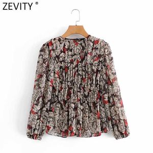 Zevity Women Fashion O Neck Tropical Flower Print Pleated Blouse Female Long Sleeve Shirts Chic Chemise Blusas Tops LS7358 210603