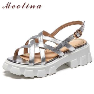 Meotina Narrow Band Real Leather Sandals Platform Wedge Heels Shoes Round Toe Female Footwear Buckle Sandals Lady Summer Sliver 210608