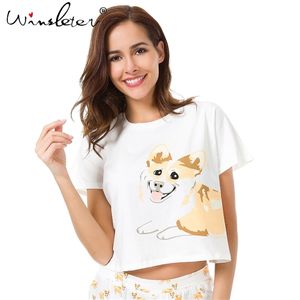 Sommer Frauen Tops Corgi Print Schlaf Top Nette Batwing Hülse S-XXL Baumwolle T-shirt Pyjamas T61014 210421