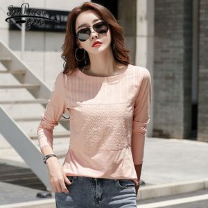 Baumwolle T-shirt Frauen Herbst Nähen Langarmhemd Gestickte Büro Dame Slim Patchwork Koreanische Kleidung 10852 210510