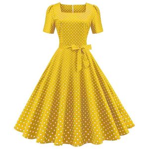 Fashion women dress style retro waist sweet square neck polka dot thin big swing summer plus size clothing for 210520