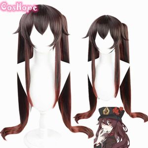 Genshin Impact Hutao Cosplay Mulheres de 110 cm de comprimento peruca marrom Cosplay Anime Cosplay perucas resistentes ao calor Wigs sintéticos Halloween Y0903