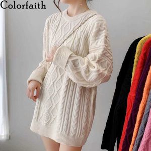 Colorfaith New 2021秋冬女性セーター編み物特大ファッショナブルな韓国風SoildニットウェアプルオーバートップスSW8357 x0721