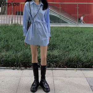 Neploe Women Blouses Solid Långärmad Mode Vintage Blus Koreansk Lös Slim Fit Blå Skjorta Vår Slå ner Krage Toppar 210422