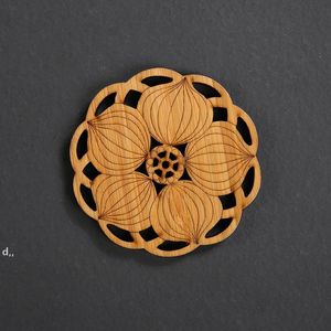 Natural Bamboo Table Mat Cup Coaster Tea Cup Pad Retro Lotus Carving Eco-friendly Round Heat Insulation Teaware Accessories RRE12112