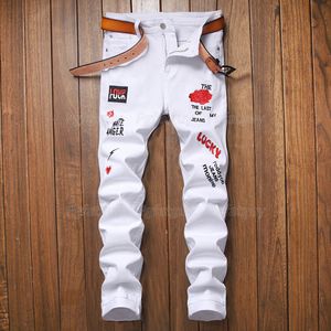 European American Trend Men's Jeans Male Hole Stretch White Embroidered Letters slim-fit Denim Pants Pantalons Pour Hommes