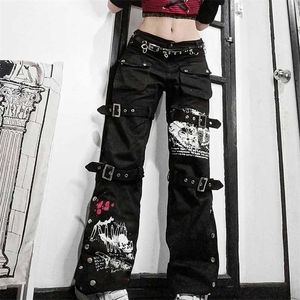 Gothic Bandaż Streetwear Kobiety Baggy Jeans Eesthetic Harajuku Y2K Drukuj Czarne Denim Spodnie Academia Hight Waist Cargo Spodnie 211115