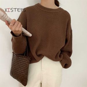 Överdimensionerade lösa kvinnor stickade tröjor o-nacke långärmad pullovers vintage damer jumpers rose green stickade femme dra 211018