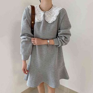 Korean Chic Spring Women Vintage Embroidered Big Turn-down Design Large Size Fish Tail Long Sleeve Dress Pullover tops 210510