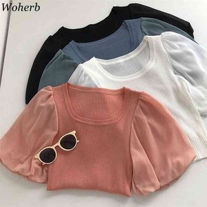韓国のシックなソリッドニットTシャツの女性の夏の短いパフスリーブOネックトップスティーファッション女性Tシャツ210519